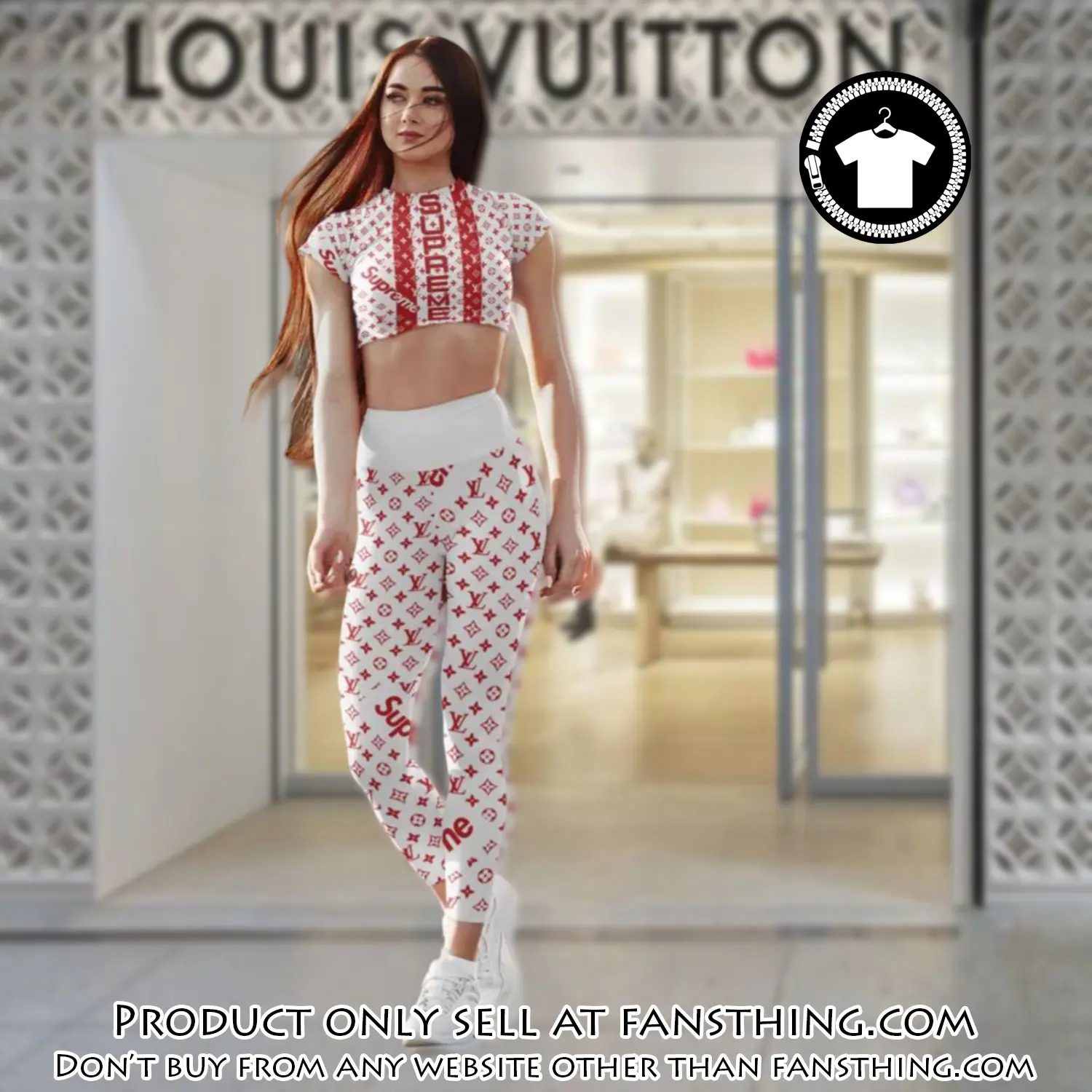 Red supreme louis vuitton luxury sportwear combo luxury brand crop top tshirt and legging for women ctl1037 fst0259420